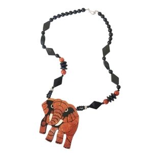 LEE SANDS Vintage Elephant Wood Inlay Statement Necklace Jungle Safari Beaded